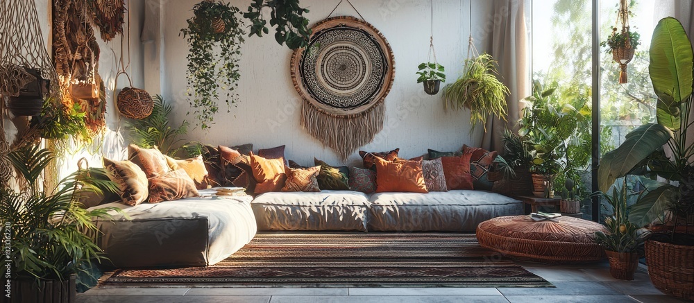 Bohemian-style lounge with natural decor and gradient frame.