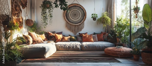 Obraz na płótnie Bohemian-style lounge with natural decor and gradient frame. w salonie