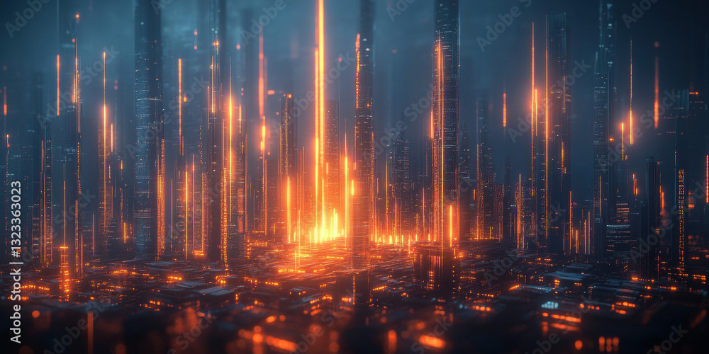 Naklejka premium Illuminated energy towers erupting in a futuristic city digital art nighttime vibrant environment