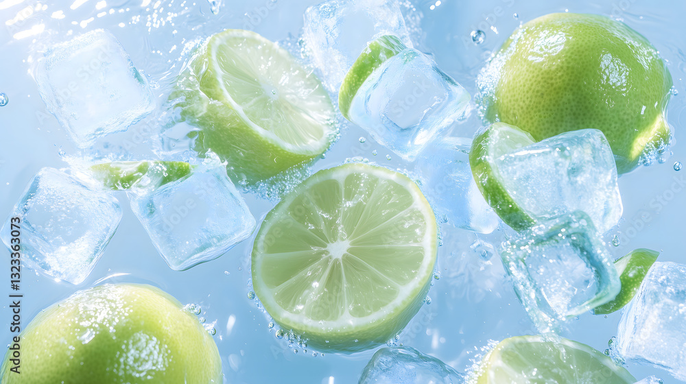A few photos of green lemons and ice cubes with a light blue water background, transparent texture style, anime aesthetics, Y2K aesthetic, bold color scheme, high level of detail, cute cartoon design
A few photos of green lemons and ice cubes with a light blue water background, transparent texture style, anime aesthetics, Y2K aesthetic, bold color scheme, high level of detail, cute cartoon design