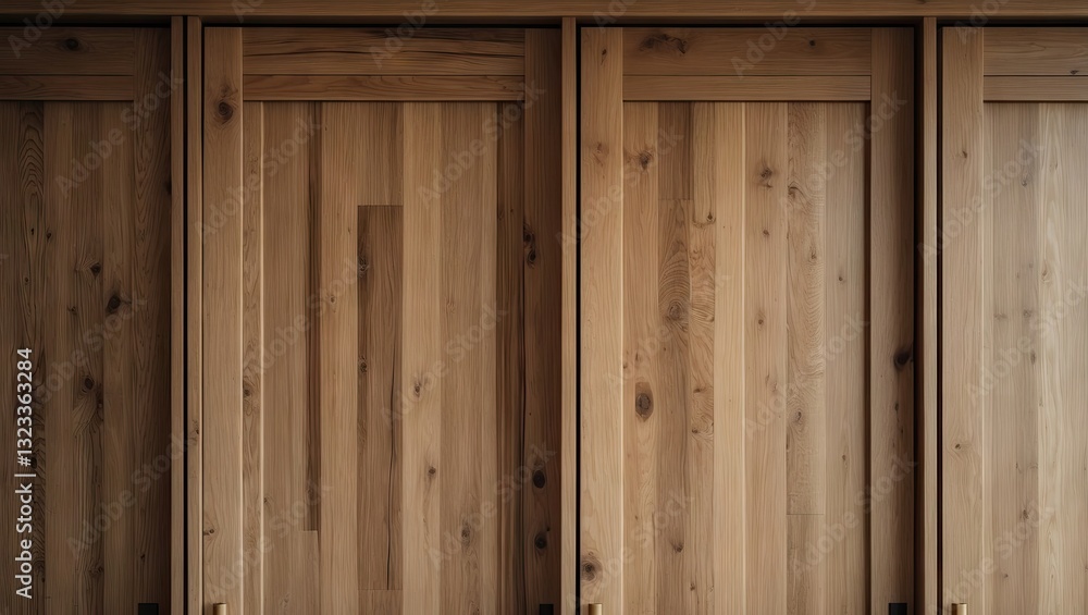 Fototapeta premium Close-up view of three wooden wardrobe doors displaying rich wood textures and patterns in natural hues of brown, arranged vertically and tightly together.
