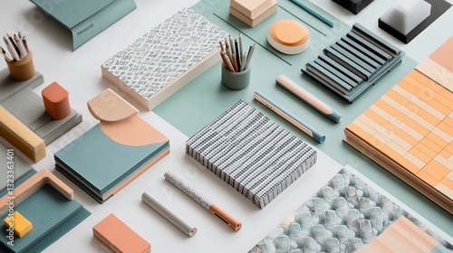 Abstract arrangement of various stationery items and accessories on a white surface.  Geometric shapes, colorful patterns and textures are displayed.  Creative design elements.