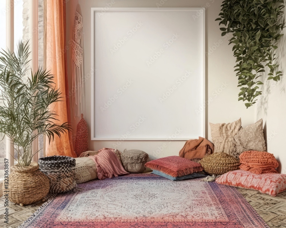 Boho corner with cozy rugs and a white gradient frame wall.