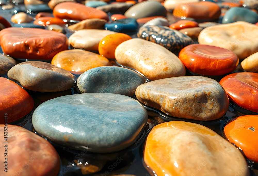 Colorful Shiny Pebble Rocks Close-Up with Wet and Glossy Surface in River Colorful Shiny Pebble Rocks Close-Up with Wet and Glossy Surface in River
