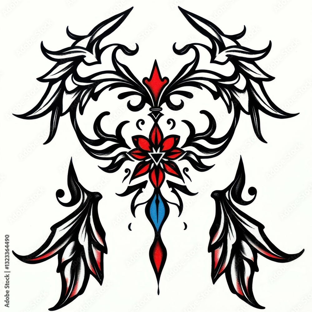 Obraz premium Symmetrical Ornament: An intricate symmetrical ornament, with a blend of floral and wing-like elements. It has a central diamond shape and the color is black, red and blue