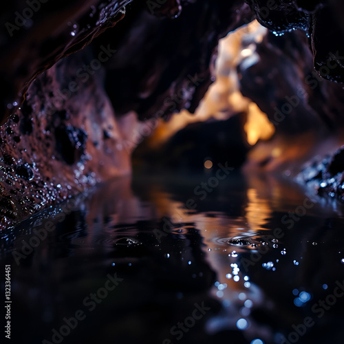 Magic dots of wet water covering cave surface with sparkling dots in slo-mo