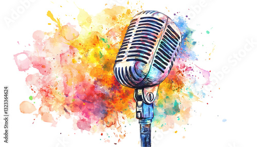 Vintage Mic Colorful Music Splash on transparent background