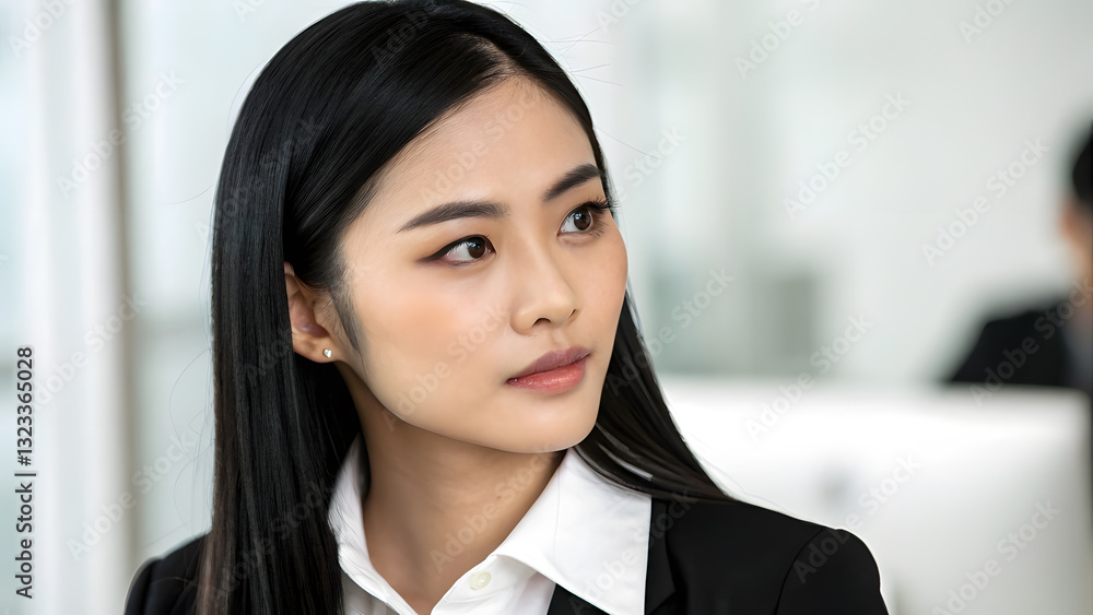 Close-up portrait of an Asian office worker with deep brown eyes and sleek black hair. Perfect for: Business Conferences, Corporate Websites, Women's Leadership Campaigns, Asian Heritage Month Close-up portrait of an Asian office worker with deep brown eyes and sleek black hair. Perfect for: Business Conferences, Corporate Websites, Women's Leadership Campaigns, Asian Heritage Month
