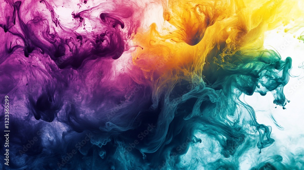Fototapeta premium Abstract colorful ink swirling in water. Vibrant hues of purple, teal, and yellow blend together in a dynamic, fluid design.