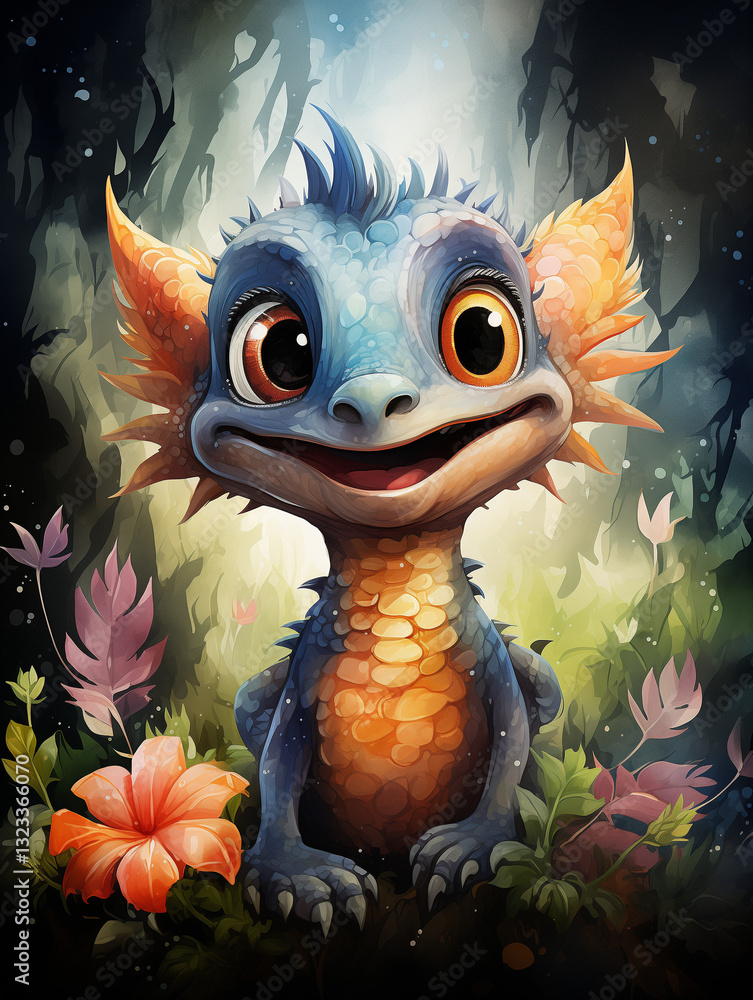 Cute fantasy dragon smiling in enchanted forest Cute fantasy dragon smiling in enchanted forest