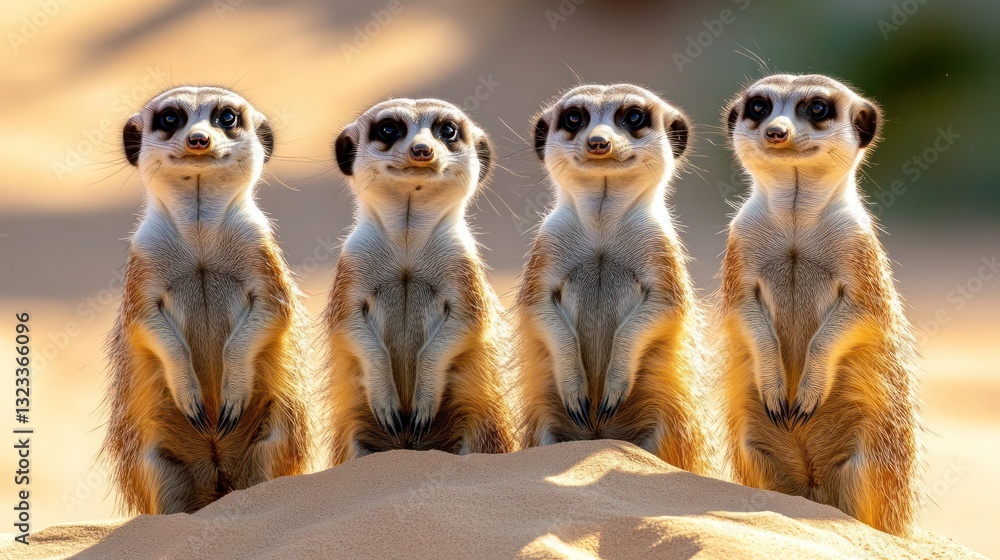 Four Meerkats Wearing Sunglasses in Desert Sunset Four Meerkats Wearing Sunglasses in Desert Sunset