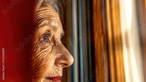An elderly woman with deep wrinkles and wise eyes looks out thoughtfully from her window, conveying emotions of nostalgia, introspection, and the passage of time.
