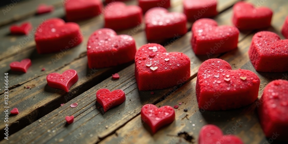 Heart-shaped sweets arranged on rustic wooden surface, glistening with subtle water droplets and delicate golden sprinkles. A romantic and charming display of confectionery treats. Heart-shaped sweets arranged on rustic wooden surface, glistening with subtle water droplets and delicate golden sprinkles. A romantic and charming display of confectionery treats.