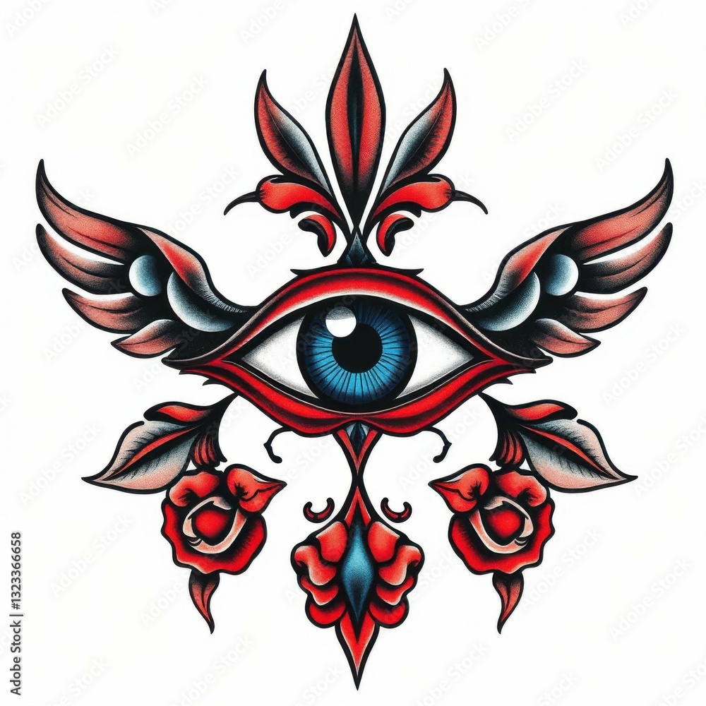 Obraz premium Mystical Eye: A symbolic representation of a divine, all-seeing eye, featuring intricate details of wings and floral elements, evoking a sense of spirituality and esoteric knowledge. 