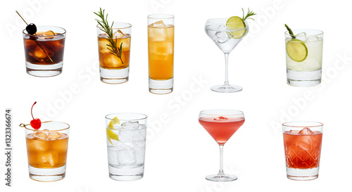 Eight Colorful Cocktails in Various Glasses Isolated on Transparent Background