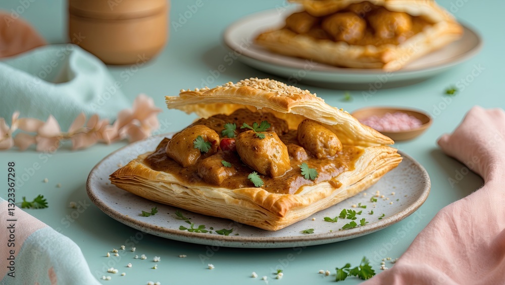 Savory chicken curry puff pastry on a round plate with sesame seeds surrounded by pastel-colored fabrics and fresh cilantro on a turquoise background Savory chicken curry puff pastry on a round plate with sesame seeds surrounded by pastel-colored fabrics and fresh cilantro on a turquoise background