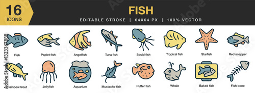 Fish flat color icon set. Includes angelfish, aquarium, bone, paplet, puffer fish, and More. Flat color icons vector collection.