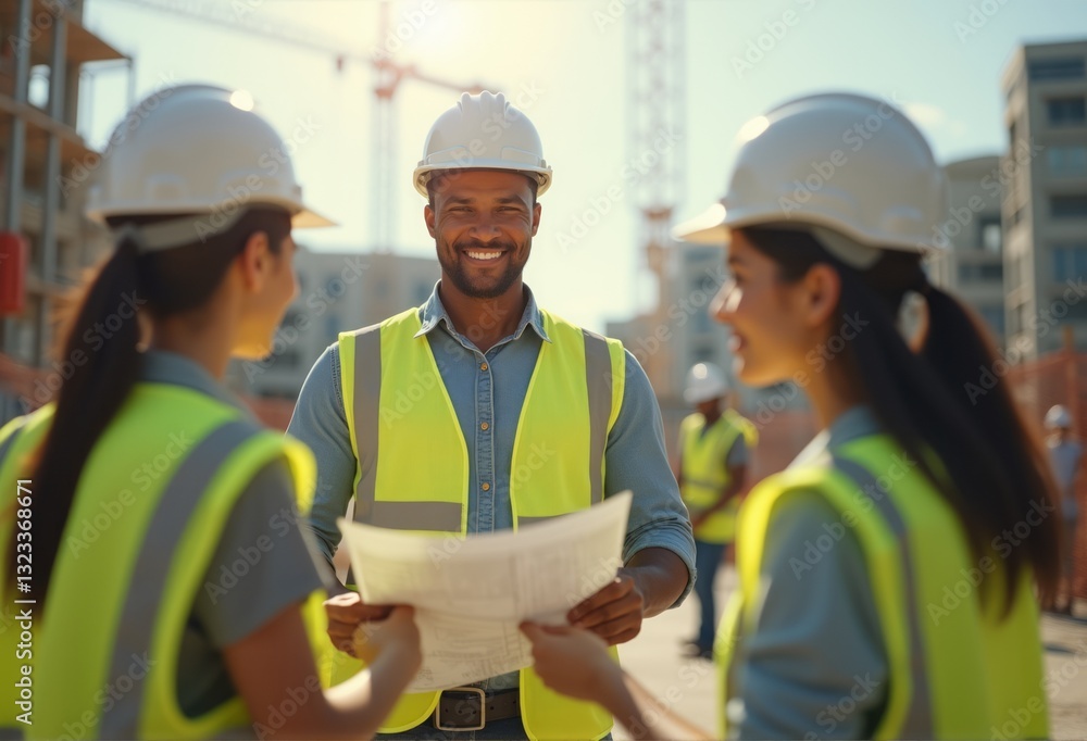 A group of construction workers wearing hard hats and safety vests discuss a project on a busy worksite, reviewing blueprints together. The scene highlights teamwork and coordination in a professional A group of construction workers wearing hard hats and safety vests discuss a project on a busy worksite, reviewing blueprints together. The scene highlights teamwork and coordination in a professional