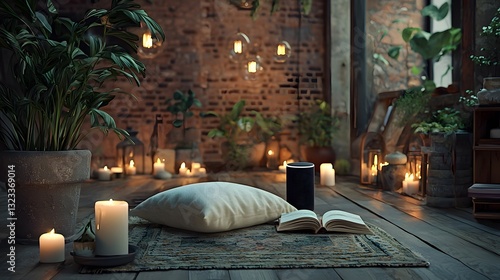 Serene Evening Candles Plants Smart Speaker and Book on Rustic Floor