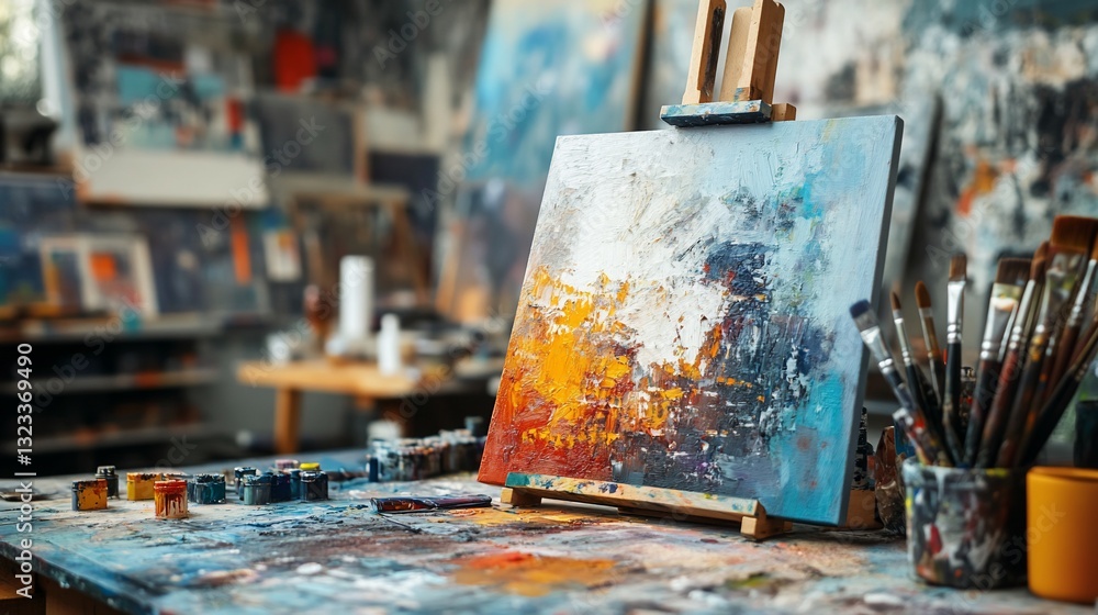 Abstract painting on easel in an artist's studio. Colorful abstract art piece displayed on a wooden easel in a messy artist's studio, surrounded by paint tubes, paintbrushes, and other art supplies. Abstract painting on easel in an artist's studio. Colorful abstract art piece displayed on a wooden easel in a messy artist's studio, surrounded by paint tubes, paintbrushes, and other art supplies.