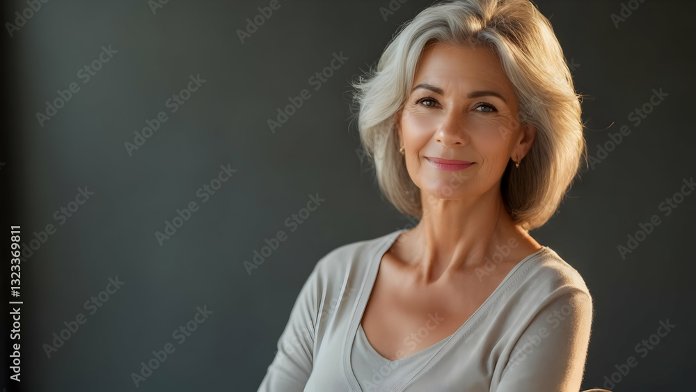 Confidence in Warm Light: A Woman in Her Fifties in a 4K Studio, 50mm Lens at f/2.0, Firm, Lustrous Skin Contrasts with Glossy Charcoal Gray Confidence in Warm Light: A Woman in Her Fifties in a 4K Studio, 50mm Lens at f/2.0, Firm, Lustrous Skin Contrasts with Glossy Charcoal Gray
