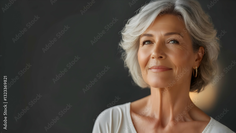 Charm of the Golden Age: A Confident Woman in Her Fifties Shot with 50mm, Smooth Skin Stands Out on Glossy Charcoal Gray in Warm Light Charm of the Golden Age: A Confident Woman in Her Fifties Shot with 50mm, Smooth Skin Stands Out on Glossy Charcoal Gray in Warm Light