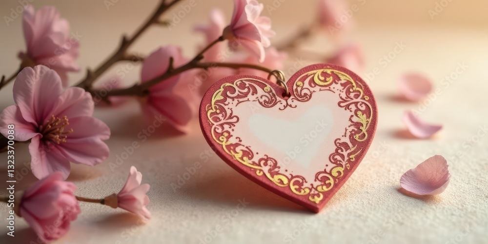 Fototapeta premium Ornate heart pendant rests on soft petals amidst delicate pink blossoms