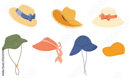 Straw hats, boonie hats, panamas vector set. Summer beach,  farmer vintage headwear. Gardening or farm agricultural workers straw hats symbols illustrations icons set