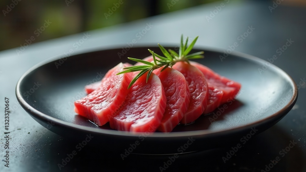 Delicious Slices of Raw Red Meat Garnished with Fresh Herbs on a Dark Plate Delicious Slices of Raw Red Meat Garnished with Fresh Herbs on a Dark Plate