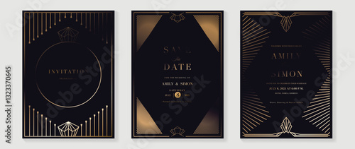 Luxury invitation card background vector. Golden elegant wavy gold line pattern on black background. Premium design illustration for wedding, vip cover template, grand opening, flyer.