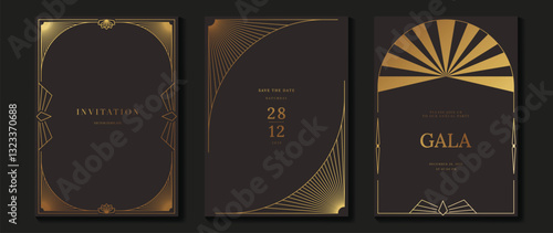 Luxury invitation card background vector. Golden elegant wavy gold line pattern on brown background. Premium design illustration for wedding, vip cover template, grand opening, flyer. 