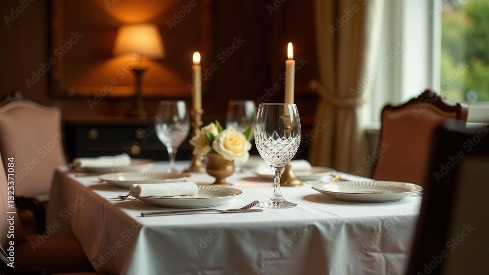 Elegant candlelit dinner setting with fine china and crystal glassware on a pristine white tablecloth in a refined dining room