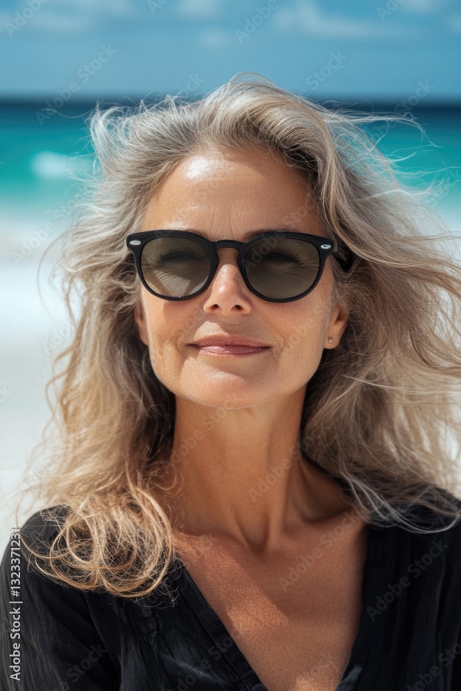 A woman relaxing on a sunny day at the beach, wearing trendy sunglasses A woman relaxing on a sunny day at the beach, wearing trendy sunglasses