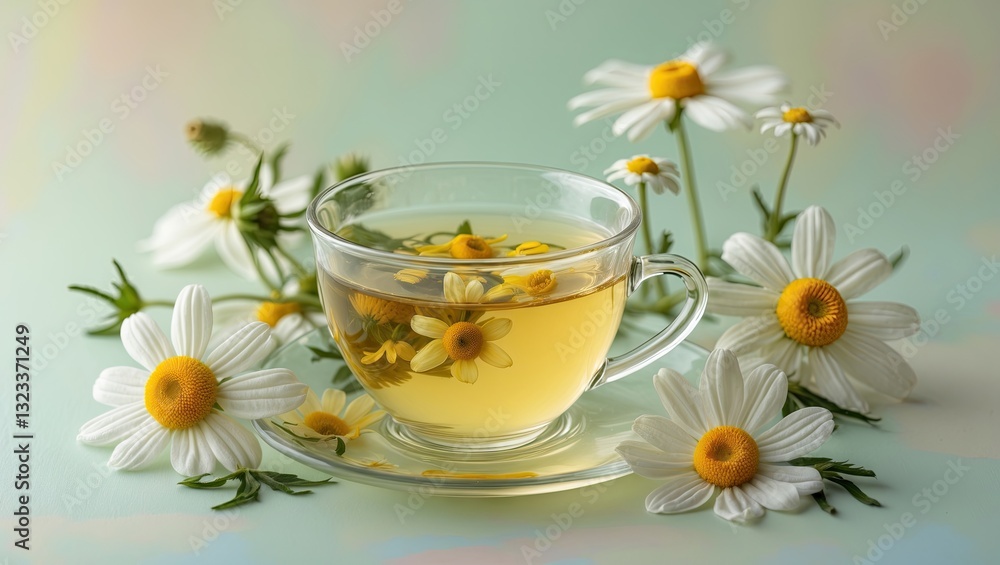 Chamomile tea in a clear cup with floating flowers surrounded by fresh chamomile blooms on a soft pastel green background. Chamomile tea in a clear cup with floating flowers surrounded by fresh chamomile blooms on a soft pastel green background.