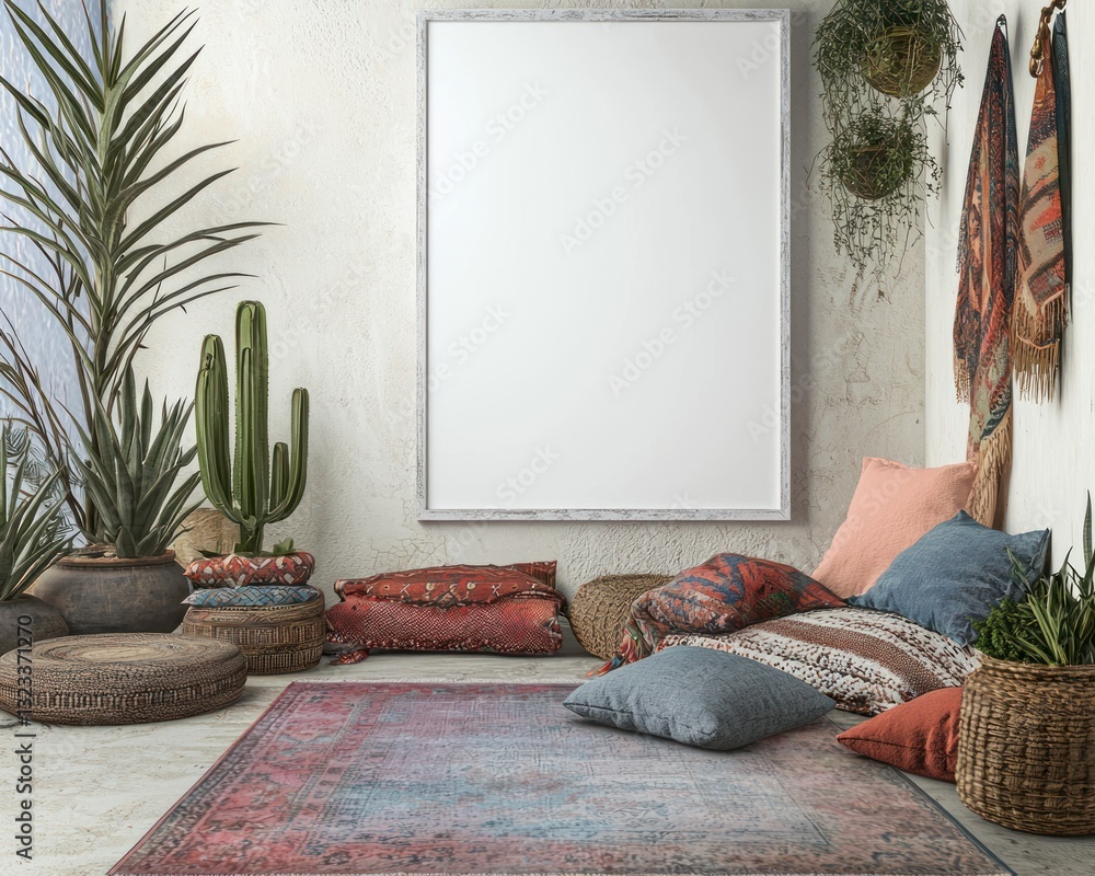Boho corner with cozy rugs and a white gradient frame wall.