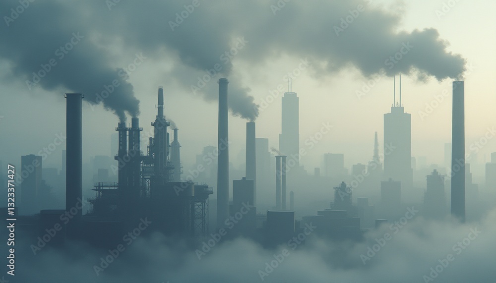 A haunting industrial skyline emerges from thick fog, with towering smokestacks releasing dark plumes into the air. This image captures the stark contrast between urban development and environmental A haunting industrial skyline emerges from thick fog, with towering smokestacks releasing dark plumes into the air. This image captures the stark contrast between urban development and environmental