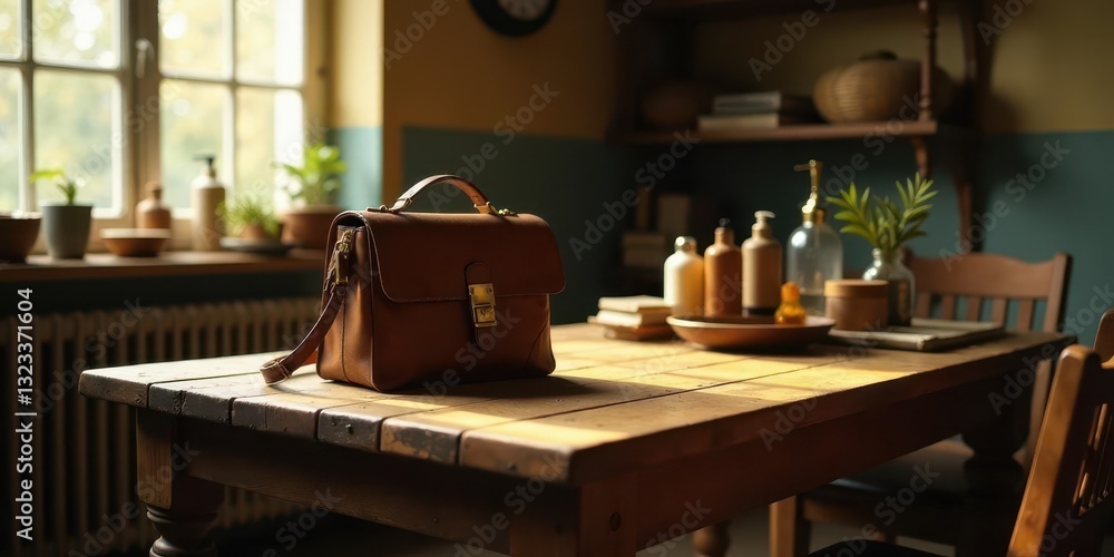 A handcrafted leather satchel rests on a rustic wooden table bathed in sunlight, showcasing its timeless appeal and exquisite craftsmanship. A handcrafted leather satchel rests on a rustic wooden table bathed in sunlight, showcasing its timeless appeal and exquisite craftsmanship.