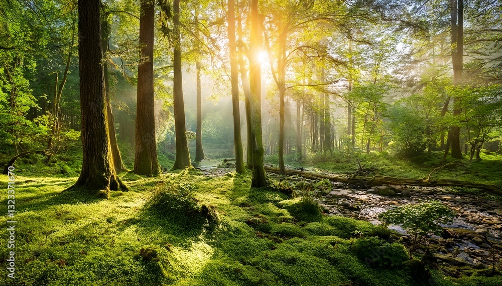 Naklejka premium beautiful sunny morning in green forest