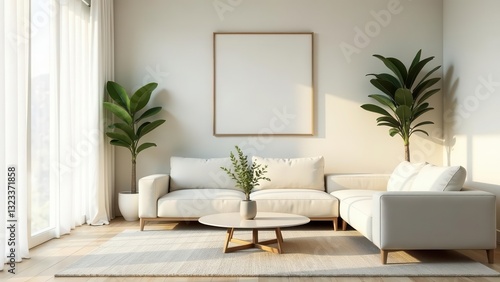 Wallpaper Mural Serene Minimalist Living Room Interior Design Featuring a Sectional Sofa, Wooden Coffee Table, and Lush Potted Plants Accented by Sunlight Streaming Through Sheer Curtains Torontodigital.ca