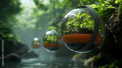 Futuristic biosphere like plant pods gently drifting through a serene holographic natural environment their biomechanical systems regulated by cutting edge technology  This conceptual