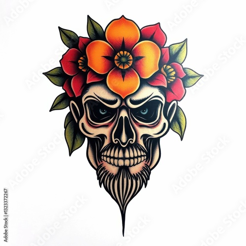 Floral Skull Art: A captivating illustration of a skull adorned with vibrant flowers, showcasing intricate details and a bold color palette, symbolizing life's duality.