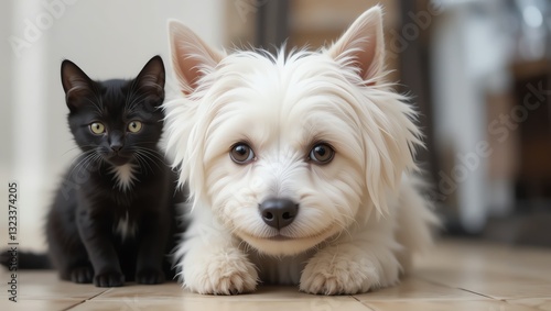 A playful black cat and a fluffy white dog pose together in a bright, cozy home setting.