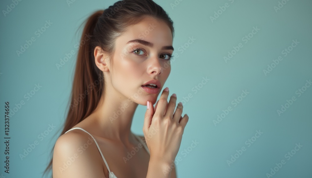 A stunning young woman with long brown hair poses gracefully against a soft blue background, exuding calm and beauty. Her delicate features and gentle hand placement create an intimate atmosphere A stunning young woman with long brown hair poses gracefully against a soft blue background, exuding calm and beauty. Her delicate features and gentle hand placement create an intimate atmosphere