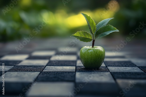 Green Apple Sprout: A Serene Still Life on Checkered Surface