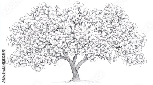 Blooming tree, spring, garden, nature, pencil sketch, illustration, design, decor