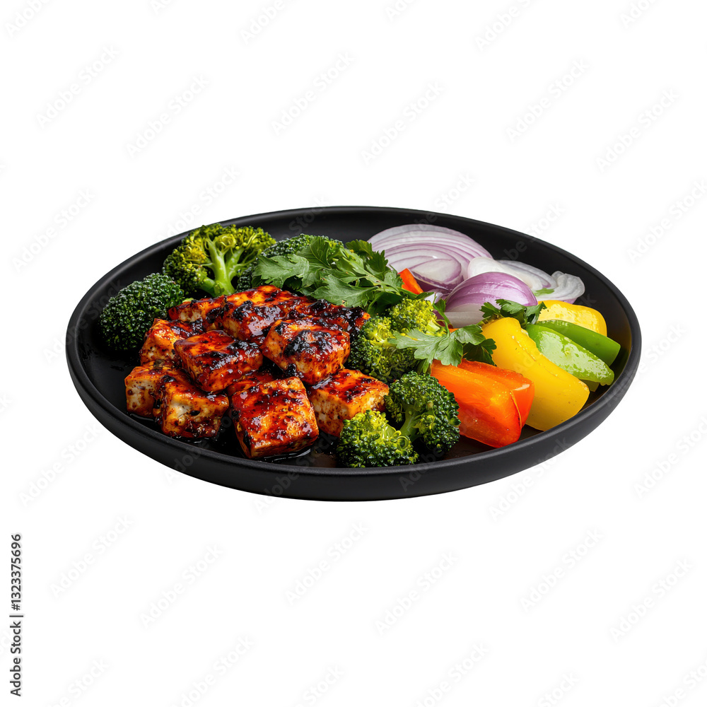 Grilled tofu with vegetables on black plate isolated on white Grilled tofu with vegetables on black plate isolated on white