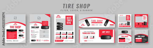 Tire shop flyer and banner bundle | Car service promotion catalog | Auto repair advertising template | Social media post and tire sales marketing design