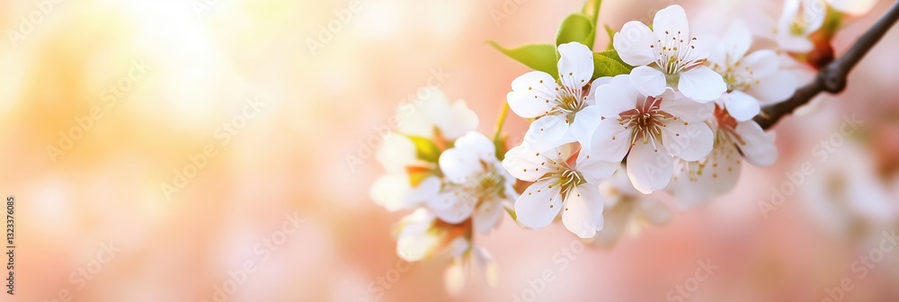 Beautiful white blossoms in springtime from a flowering tree with soft sunlight glowing in the background Beautiful white blossoms in springtime from a flowering tree with soft sunlight glowing in the background