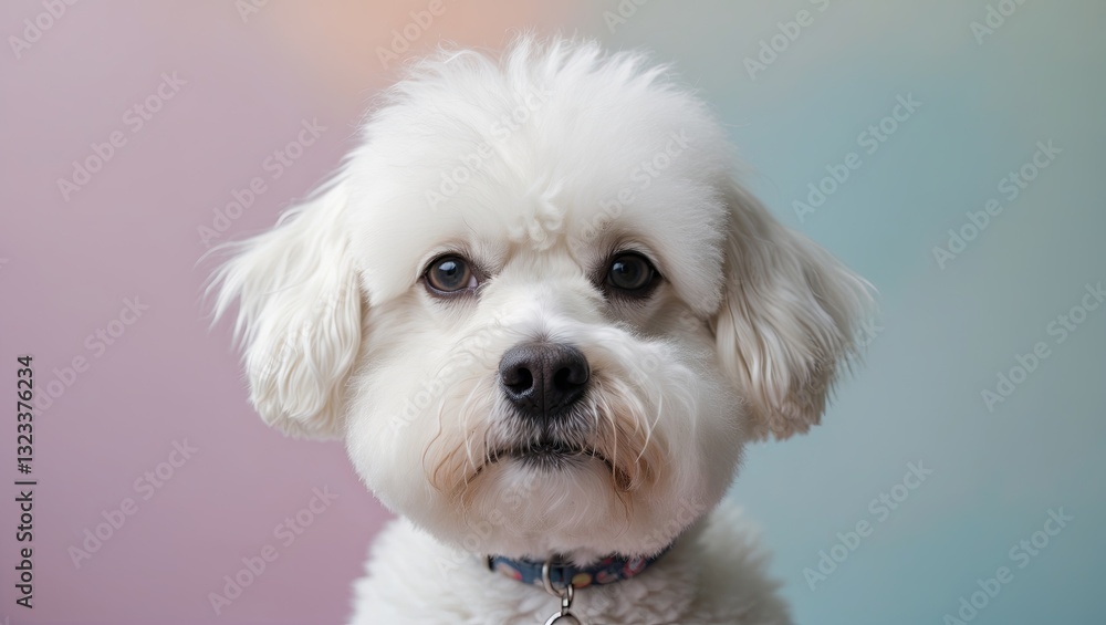 Bichon Frise portrait with fluffy white fur centered in the image against a soft pastel background featuring shades of pink and blue. Bichon Frise portrait with fluffy white fur centered in the image against a soft pastel background featuring shades of pink and blue.