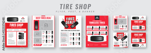Tire shop flyer and banner bundle | Car service promotion catalog | Auto repair advertising template | Social media post and tire sales marketing design